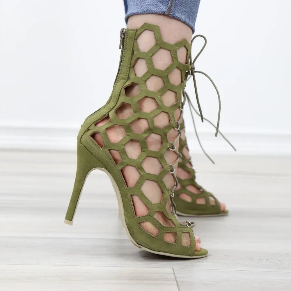 Lace-Up Strappy Olive Gladiator Suede Open Toe Needle High Heel Stiletto Sandals - Picture 7 of 11